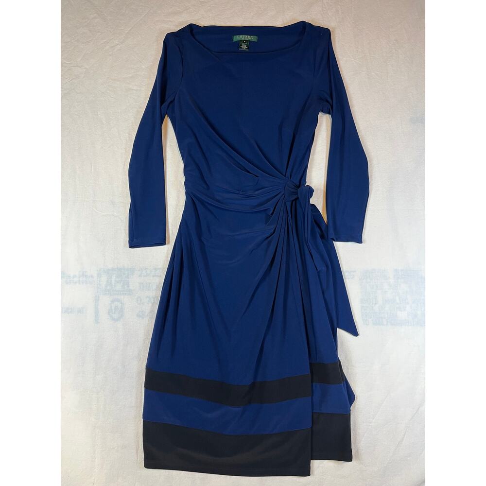 Lauren Ralph Lauren Blue and Black Long‎ Sleeve Tie Waist Dress 4